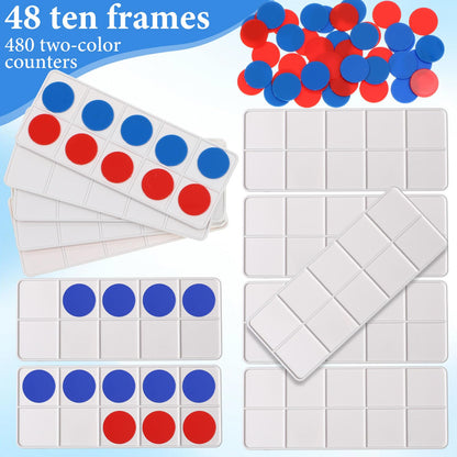 Soulchen 48 Sets Plastic Ten Frames for Classroom Math Manipulatives for Kids Classroom Math Counters Supplies Including 48 Plastic Ten Frames, 480 Counters for Teach Number Concepts (Red, Blue)
