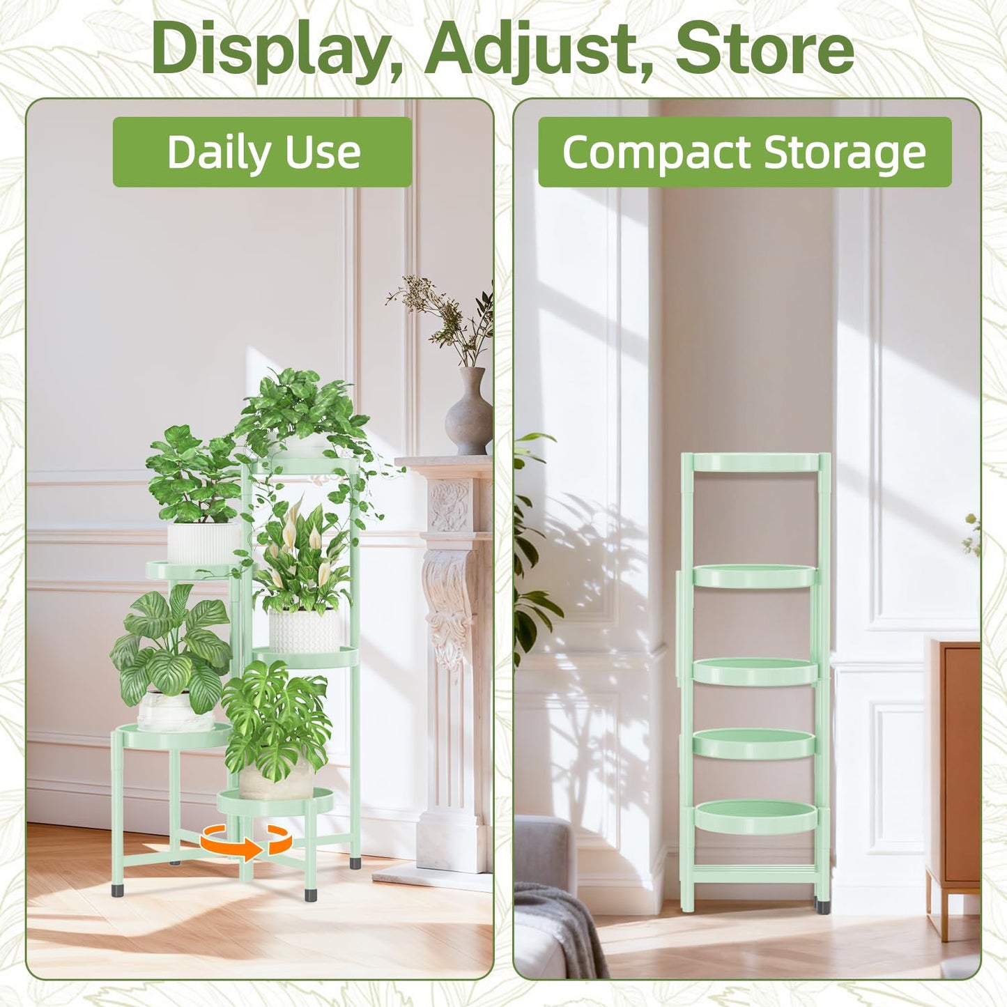 iDavosic.ly Plant Stand Indoor Outdoor, 5 Tier Corner Metal Flower Display Holder Shelf, Folding Tall Orchid Rack for Patio Balcony Porch Garden Living Room House, Light Green