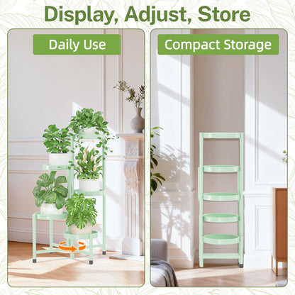 iDavosic.ly Plant Stand Indoor Outdoor, 5 Tier Corner Metal Flower Display Holder Shelf, Folding Tall Orchid Rack for Patio Balcony Porch Garden Living Room House, Light Green