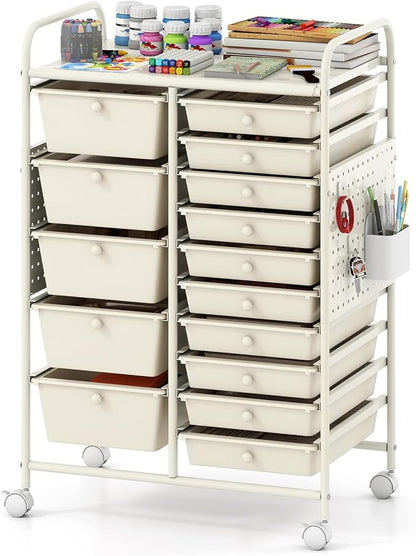 Giantex 15 Drawer Storage Cart, Rolling Craft Cart with Metal Tabletop & Pegboard, Mobile Utility Organizer Trolley with Locking Wheels, Home Office, Ivory