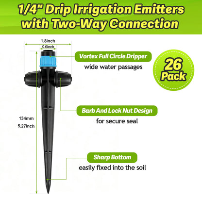 Copadri 26pcs Two-Way Drip Emitters Fan Shape with Stake for 1/4" Irrigation Tubing, Adjustable 360 Degree Water Flow Irrigation Vortex Sprayer Garden Irrigation Dripper for Watering System