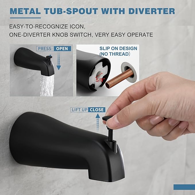 Esnbia Tub Shower Faucet Set (Valve Included) with 6-Inch Rain Shower Head and Tub Spout, Black Shower Head and Handle Set，Single-Handle Tub and Shower Trim Kit, Matte Black
