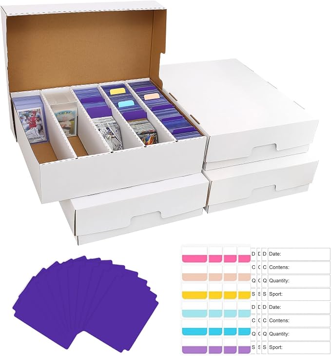 5 Row Trading Card Storage Box,3950-count Cardboard Storage Box with 32 Pcs Dividers+48 Pcs index Labels for Mtg, Tcg, Sports Cards (4 Pack-Large)