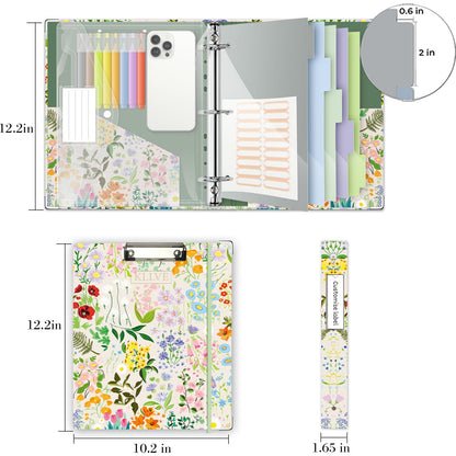 3 Ring 1 Inch Binder Organizer, KLLVE Three Ring Binders with Clipboard, 5-Tabs Pockets Dividers, Plastic Folder, 18 Divider Stikers,Pen Loop (Wildflower, Letter Size)