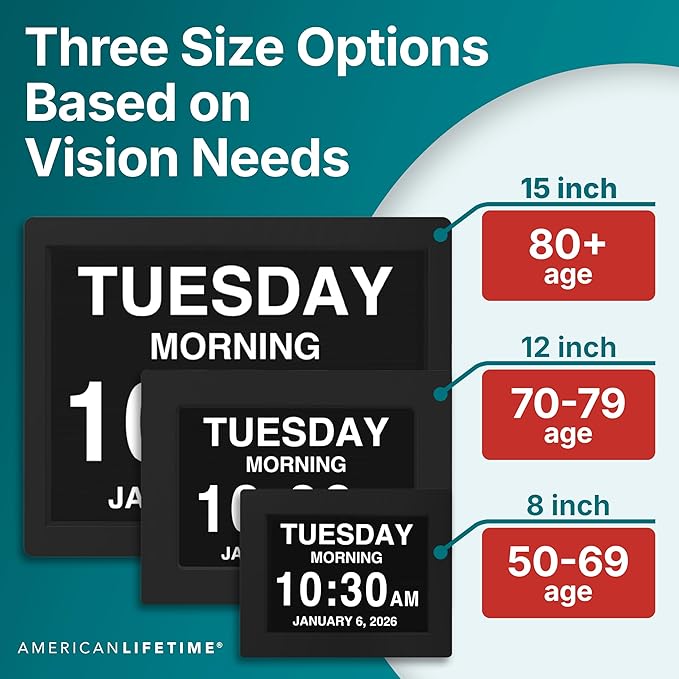 American Lifetime Dementia Clock - Large Digital Clock for Seniors, Custom Alarms, Day & Date Display, Black, 15 Inches