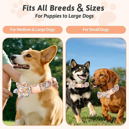 Dog Collar and Leash Set Girls Adjustable Puppy Collars with Floral Bow Tie for Small Medium Large Female Dogs, Orange Flower, S