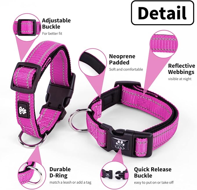NESTROAD Dog Collar and Leash Set,Reflective Dog Collars with Quick Release Buckle,Adjustable Nylon Pet Collar for Small Medium Large Dogs(Small,Fuchsia Pink)