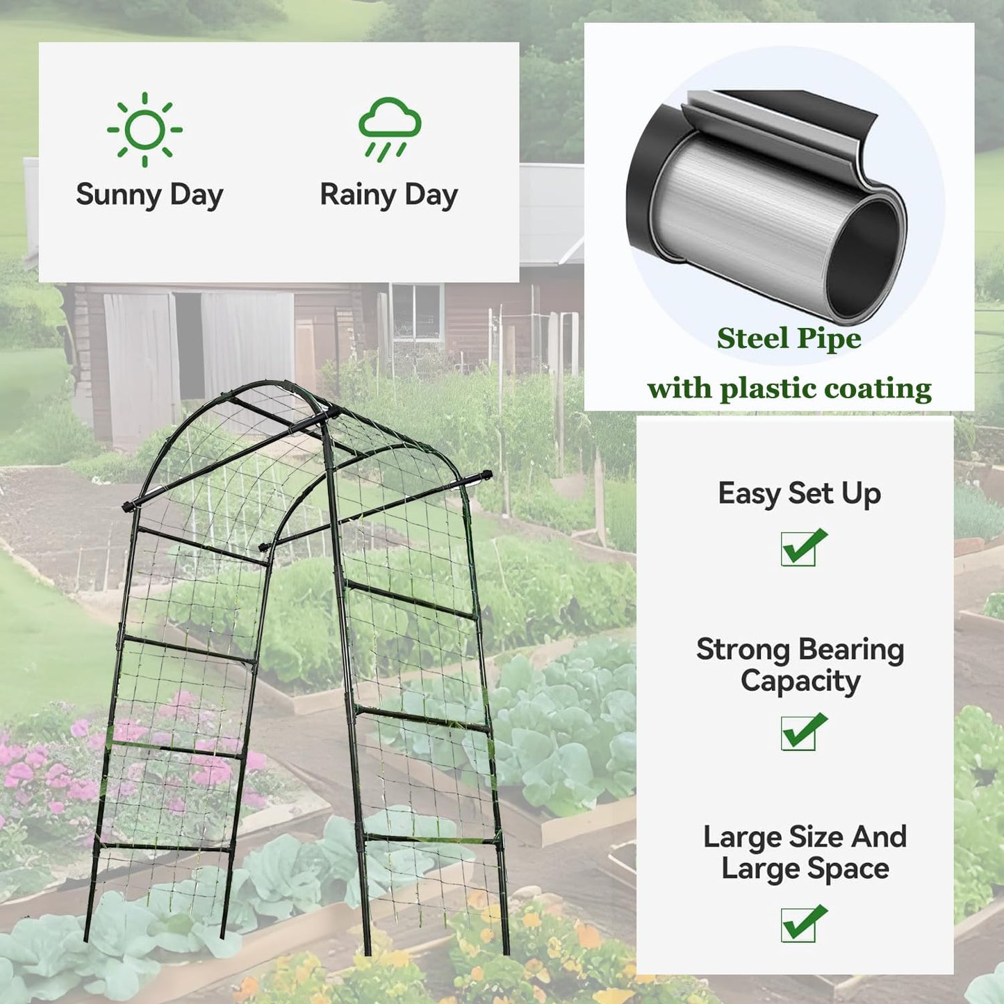 7FT Tall Garden Arch Trellis for Climbing Plants Outdoor Cucumber Trelli for Raised Bed, Metal Trellis Support with Net for Vegetables Tomato Zucchini Squash Beans Peas Melons, Rose Flowers,Vines