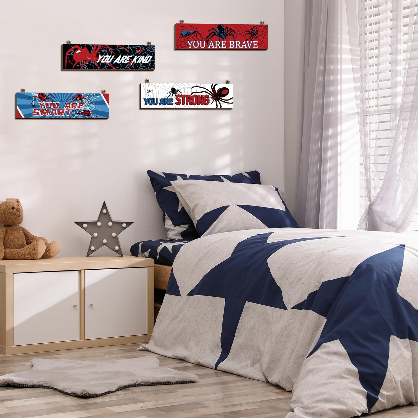 Geetery 4 Pcs Spider Room Decor 16'' x 5'' Boys Bedroom Wall Decor Wooden Inspirational Spider Hanging Sign Kids Large Motivational Wall Art for Little Boy Kid Teen Bedroom Nursery Home Birthday Gift