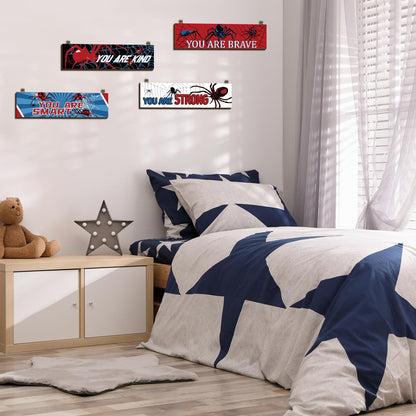 Geetery 4 Pcs Spider Room Decor 16'' x 5'' Boys Bedroom Wall Decor Wooden Inspirational Spider Hanging Sign Kids Large Motivational Wall Art for Little Boy Kid Teen Bedroom Nursery Home Birthday Gift