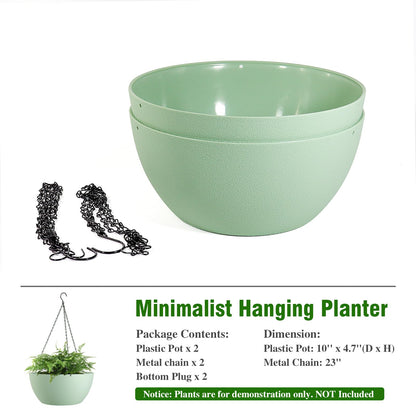 WSMKSZ 10 inch Hanging Planters for Outdoor Indoor Plants with Drainage Holes and Chain, 2 Pack Round Hanging Flower Pots for Garden Home Porch Decor,Green