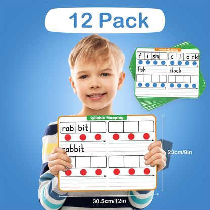 Aizweb 12 Pack Elkonin Boxes Phonemic Awareness Boards,9" x 12" Syllable Dry Erase Whiteboard,Speech Therapy Material Phonics Games,Science Reading Manipulatives for Preschool,Pre-K&Kindergarten