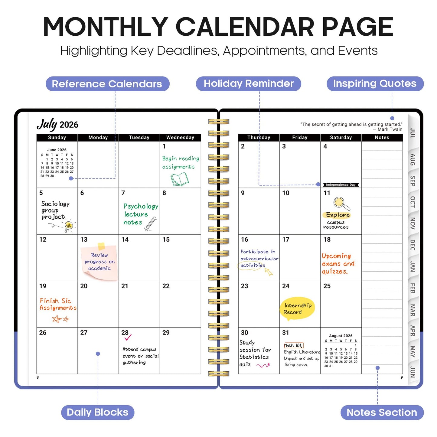 Planner 2026–2027, Weekly & Monthly Academic Organizer for School Year, Jul 2026–Jun 2027, Hardcover Planner with Tabs, Back to School Essential, 6.3" x 8.5", Quiet Meadow