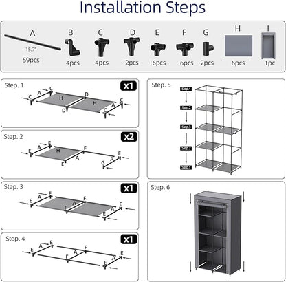 Portable Closet, Wardrobe Closet with 6 Storage Shelves and 2 Hanging Rods, Non-Woven Fabric Cover, 34.6 x 17.7 x 66.1 Inches Closet Organizer for Bedroom, Gray