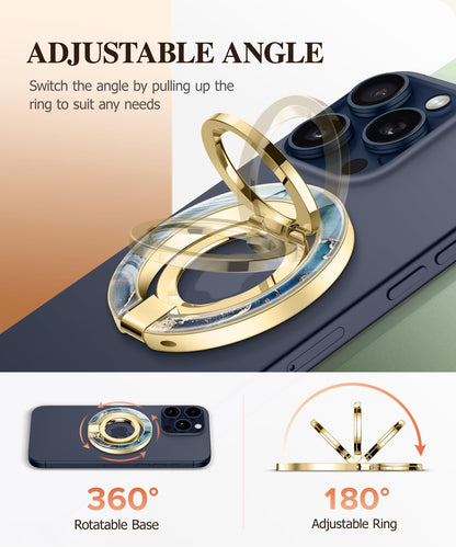 GVIEWIN Magnetic Phone Ring Holder, Compatible with MagSafe Phone Grip with Adjustable Stand, Magnet Phone Ring Kickstand for iPhone 17/16/15/14/13/12 Pro Max Plus Air/Other Phones (Glitter/Silver)