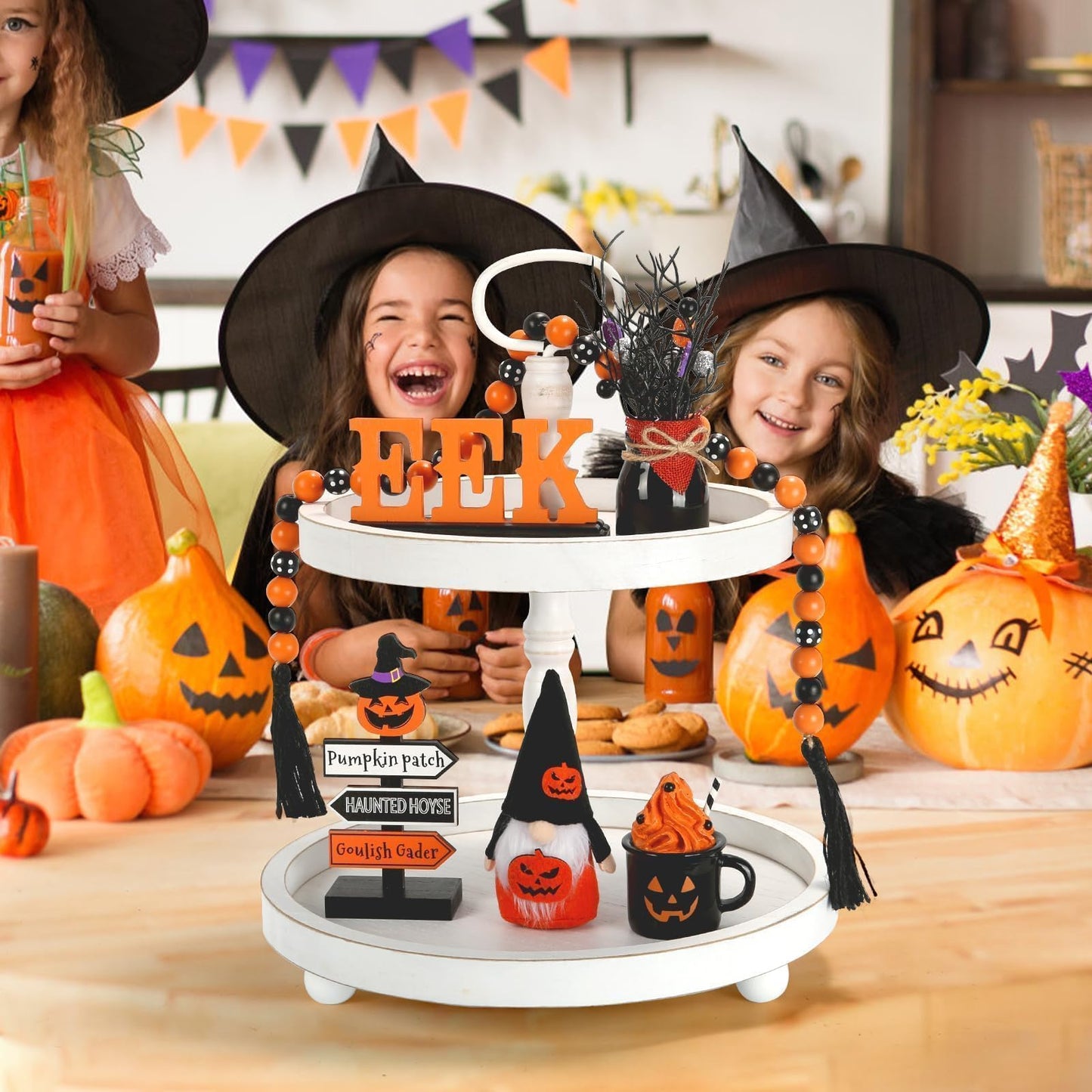 Halloween Decorations 6PCS Tiered Tray Decor, Cute Tabletop Halloween Decor for Home Indoor Tray Shelf Mantel Office Table Centerpieces Farmhouse Rustic Spooky Wood Signs