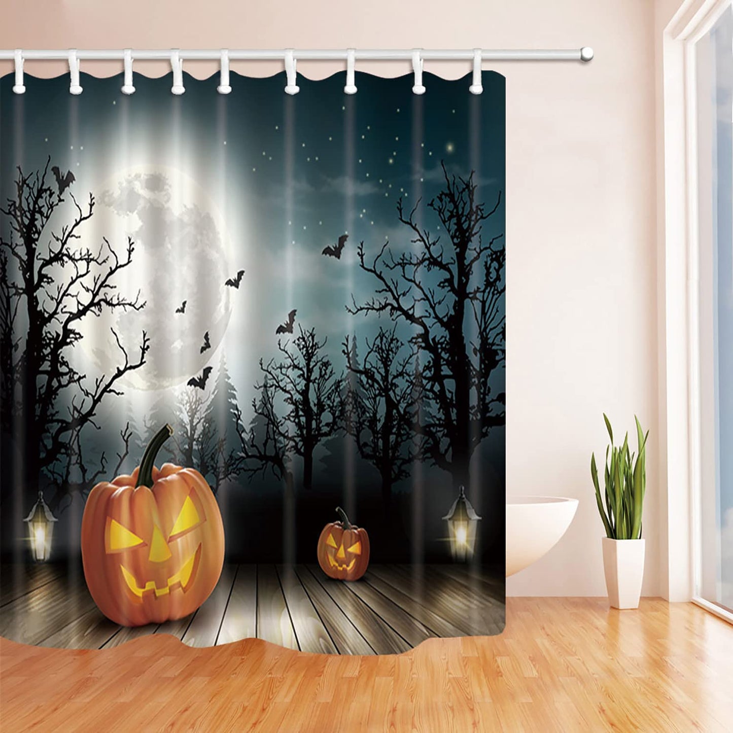 Shocur Halloween Shower Curtain, Horror Black Spooky Forest and Bat Pumpkin Moon, 72 x 72 Inches Polyester Fabric Bathroom Decor Set with 12 Hooks