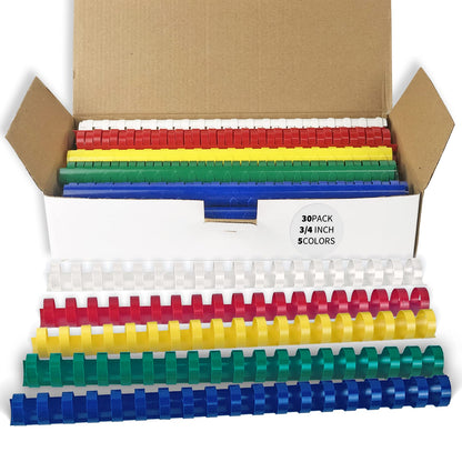 Binditek 30 Pack Plastic Binding Comb Spines, 3/4 Inch Diameter, 150 Sheet Capacity, 19 Ring, for Letter Size, Multi Color (White, Yellow, Red, Green, Blue)