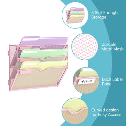 SUPEASY 3 Tier Wall File Organizer, Hanging Wall Mounted Mail Organizer with Label Slots, Metal Mesh File Holder Magazine Rack for Office, Home, School, Pink