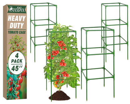 ZeeDix 45 Inch Tomato Cages 4 Pack, Heavy Duty Adjustable Metal Garden Plant Supports for Climbing Vegetables - Square Cage for Tomatoes, Cucumbers, Peas, Flowers with 40 Plant Clips