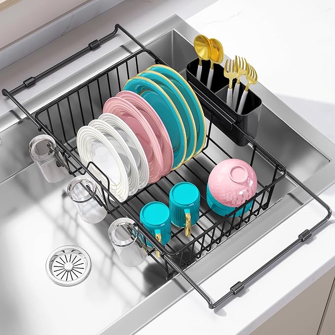 Urackify Dish Drying Rack in Sink, Stainless Steel Expandable Over the Sink Dish Rack with Utensil Holder & Cup Holder, Kitchen Drying Rack for Inside Sink, 15.35" x 11.02" x 4.84", Black