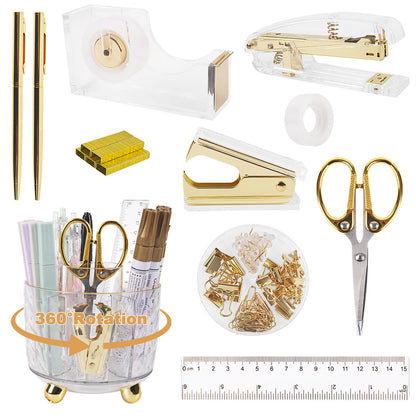 Office Desk Accessories Supplies - 11 Pcs Gold Desk Decor Set with 360-Degree Rotating Pen Holder, Women Cute Aesthetic Office Essentials Kit, Stapler Tape Dispenser, Acrylic Gift for School Home Work