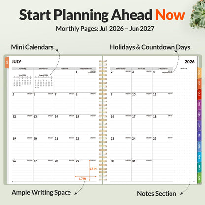 SUNEE Academic Planner 2026-2027 – Weekly & Monthly Planner, July 2026 to June 2027, 8.5"x11", Thick Paper, Tabs, Pockets, Bookmark, Spiral-Bound, Student Teacher Organizer, Sage Green