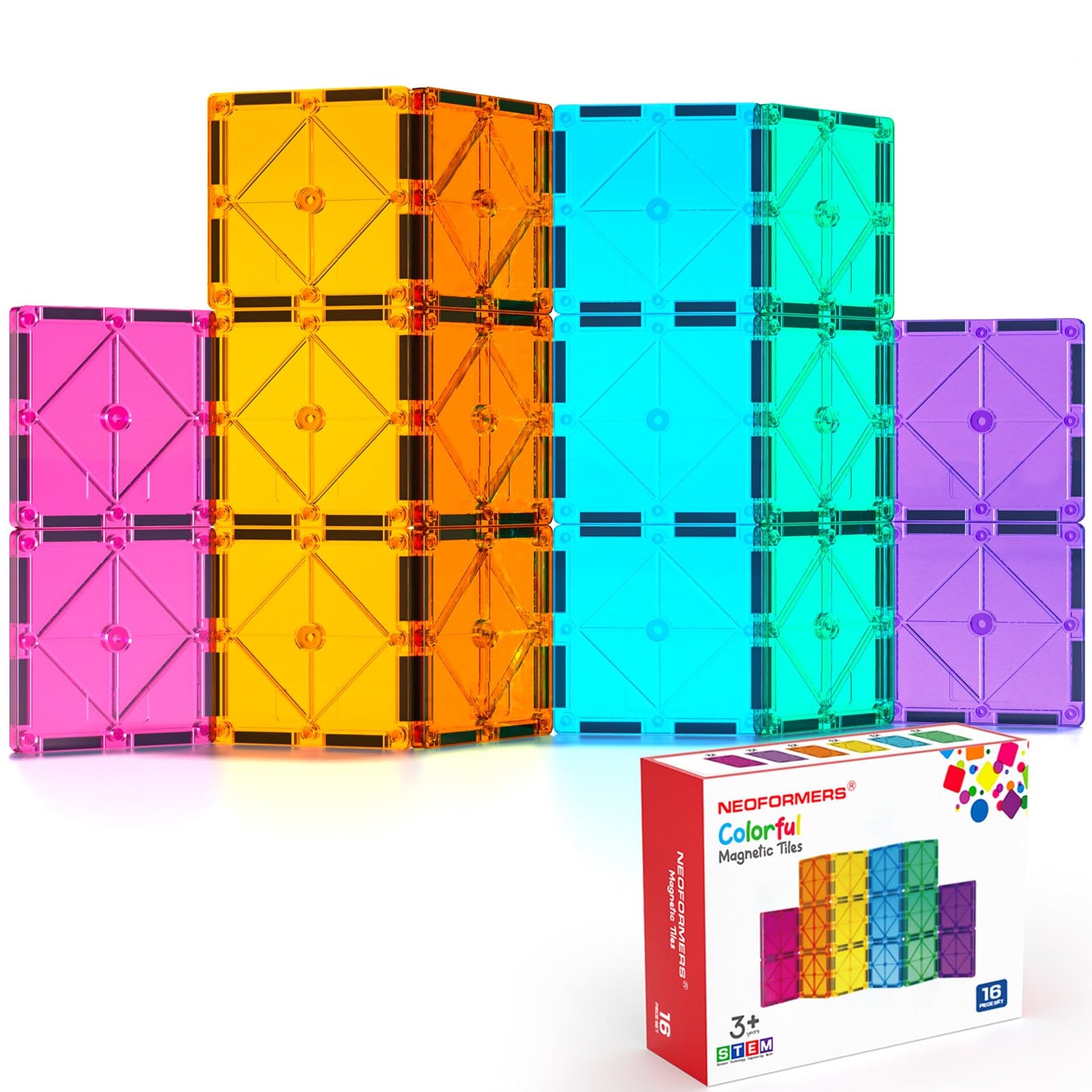 NEOFORMERS 16PCS Square Magnetic Tiles Magnet Expansion Set, Construction Building Blocks, Starter Set for Kids Ages 3+