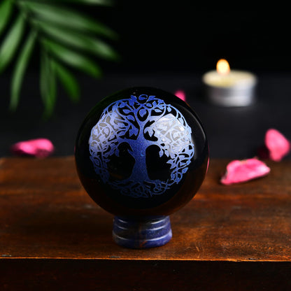 JIC Gem Small Black Obsidian Crystal Ball Sphere Carving Tree of Life with Blue Sodalite Decorative Stand for Meditation, Healing, Feng Shui (60mm / 2.2in)