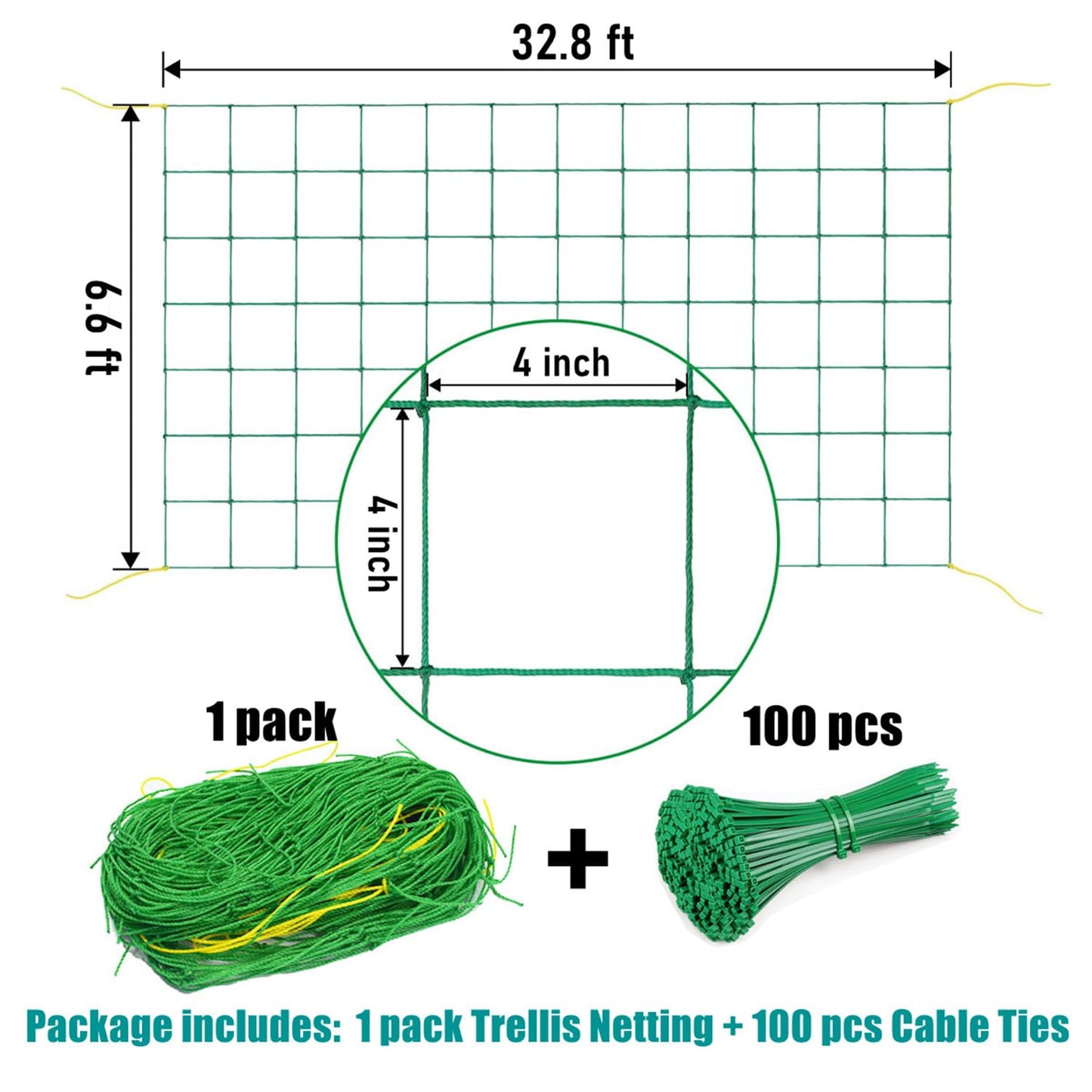 Trellis Netting for Climbing Plants, 6.6x32.8 FT Heavy Duty Garden Trellis Net with 27 Strands Nylon for Cucumber, Grape, Vine, Vegetables, Flowers, Bean, Tomato Grow Trellis Net (Green, 1 Pack)