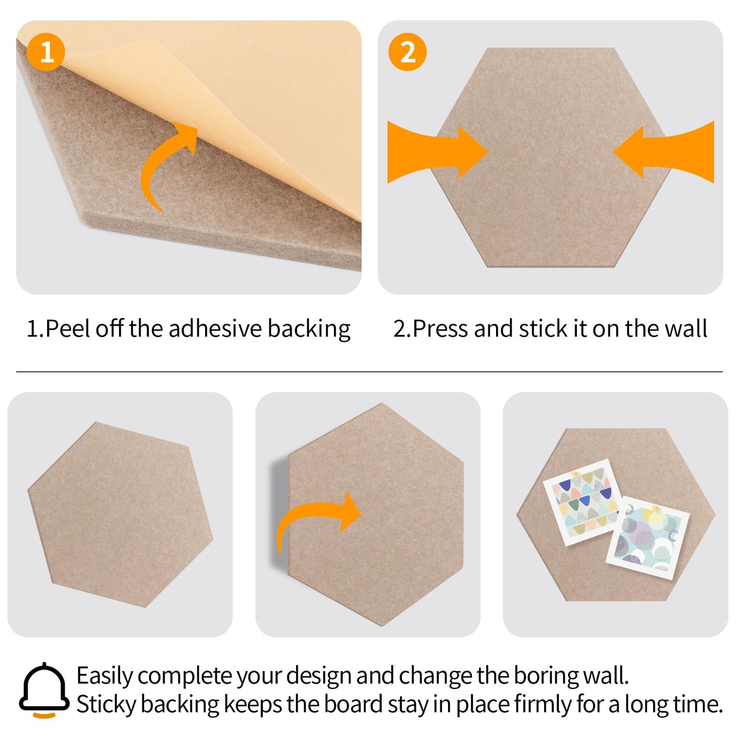 10 Pack Hexagon Cork Board Tiles Alternative, 12'' Fully Self-Adhesive Modern Felt Bulletin for Wall Decor, Frameless Pin Board for Office, Renter-Friendly Decorative Hexagon Corkboard with 30 Pins