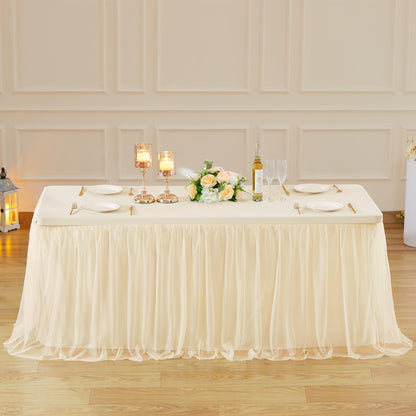 6ft Champagne Tulle Tablecloths for Rectangle Tables Stretch Rectangular Table Cloths Wrinkle Free 6 Foot Spandex Table Cover with Tutu Skirt for Wedding Birthday Party Banquet Buffet Cake Desk Skirt