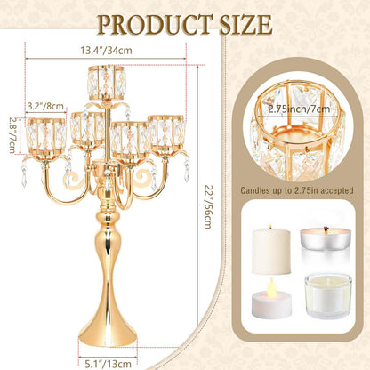 kolnlala 1PC Gold 5-Arm Crystal Pendant Metal Candle Holder with Square Crystal Bowl, 22-Inch Tall Wedding Table Centerpiece for Holiday Party Events, Christmas, Birthday Decorations