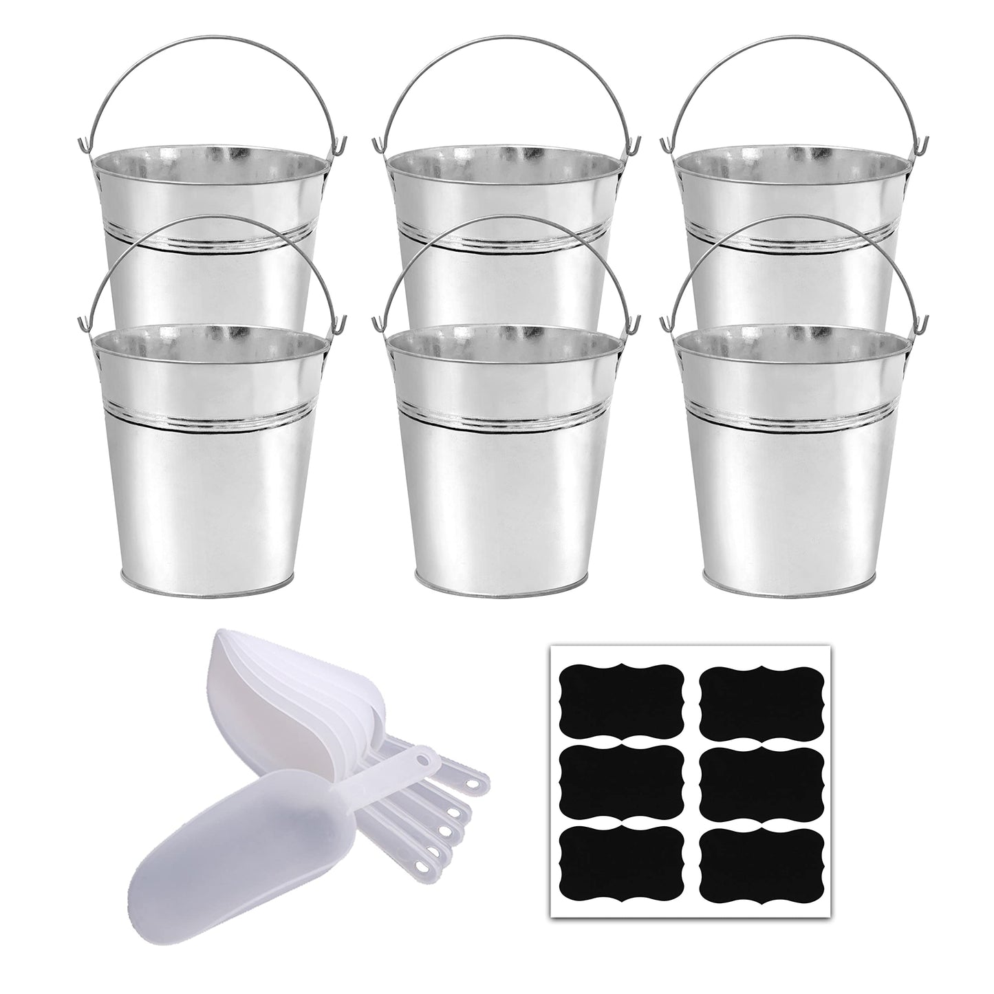 ZEDEV Set of 6 Pcs Galvanized Metal Buckets with Chalkboard Stickers and 5.5" Mini Plastic Kitchen Scoops,5 Inch Tin Buckets, Small Galvanized Pail for Backyard Decoration,Garden Planters.