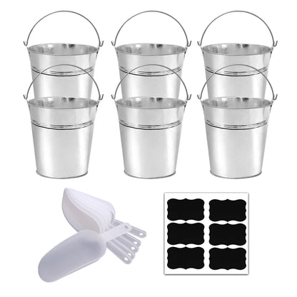 ZEDEV Set of 6 Pcs Galvanized Metal Buckets with Chalkboard Stickers and 5.5" Mini Plastic Kitchen Scoops,5 Inch Tin Buckets, Small Galvanized Pail for Backyard Decoration,Garden Planters.