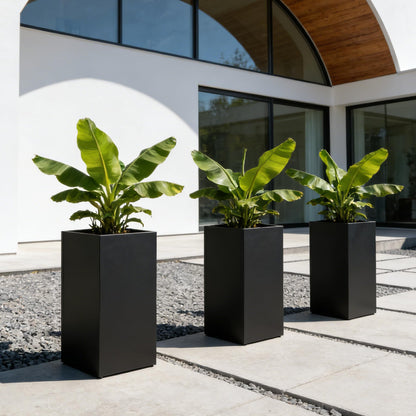 Set of 2 Tall Metal Planter Box for Outdoor Plants,14" L x 14" W x 30" H Heavy Duty Tall Outdoor Planter with Removable Insert Shelf for Porch, Patio, Backyard| Modern Décor|Built-in Drainage|(Black)