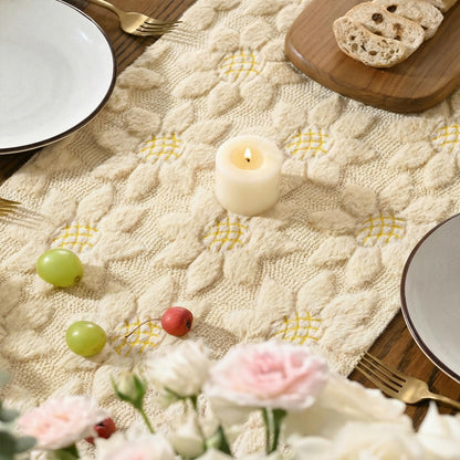 Artoid Mode Beige Soft Plush Faux Fur Jacquard Embroidery Sunflower Spring Table Runner, Kitchen Dining Table Decoration for Home Party Decor 13x48 Inch