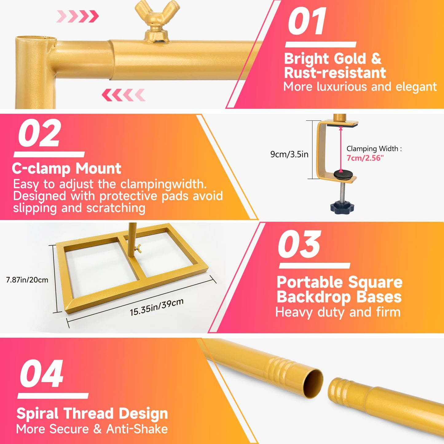 JEBUTU Square Backdrop Stand, Wedding Arch Heavy Duty Adjustable Stand, Over The Table Rod Stand with Clamps, Metal Gold Garden Balloon Frame for Baby Shower Party Decoration