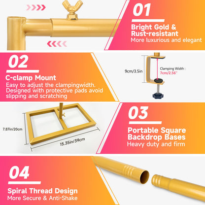 JEBUTU Square Backdrop Stand, Wedding Arch Heavy Duty Adjustable Stand, Over The Table Rod Stand with Clamps, Metal Gold Garden Balloon Frame for Baby Shower Party Decoration