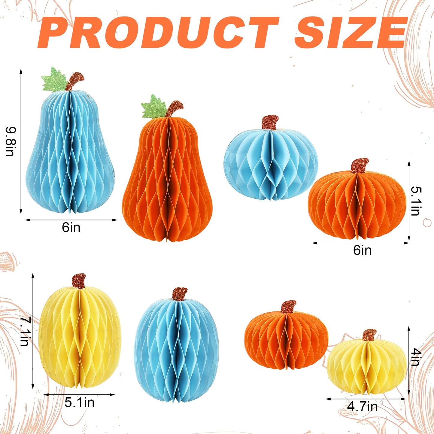 JarThenaAMCS 8Pcs Fall Pumpkin Honeycomb Centerpieces Beige Orange Blue Glitter Paper Honeycomb Ball Ornaments for Autumn Harvest Thanksgiving Party Home Table Decor