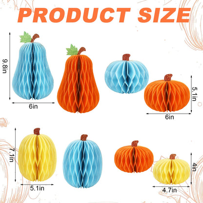 JarThenaAMCS 8Pcs Fall Pumpkin Honeycomb Centerpieces Beige Orange Blue Glitter Paper Honeycomb Ball Ornaments for Autumn Harvest Thanksgiving Party Home Table Decor