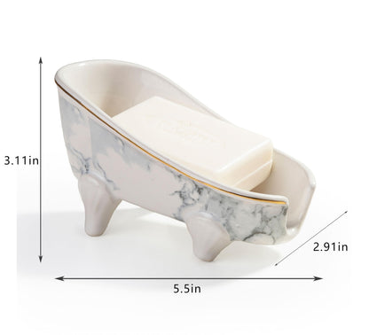 5.5" Self Draining Mini Bathtub Soap Dish, Ceramic Bar Soap Holder with Drain, Marble Pattern Decorative Soap Saver for Shower, Bathroom & Kitchen Sink, Keep Soap Dry, Easy to Clean