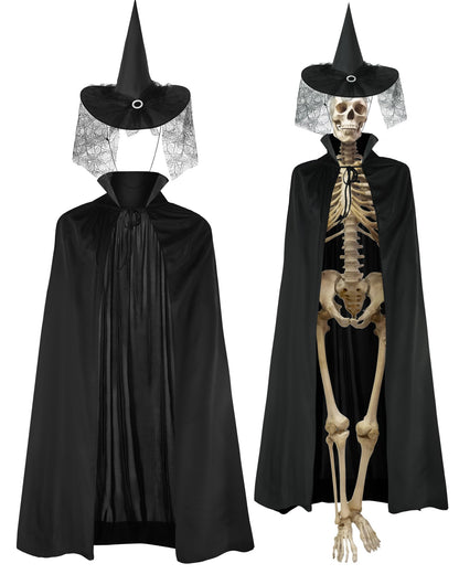 Tarpop Halloween 12 ft Skeleton Outfit Set Giant Skeleton Witch Theme Costume Includes Witch hat and Cloak for Halloween Decorations Outdoor Yard Haunted House Prop Decorations