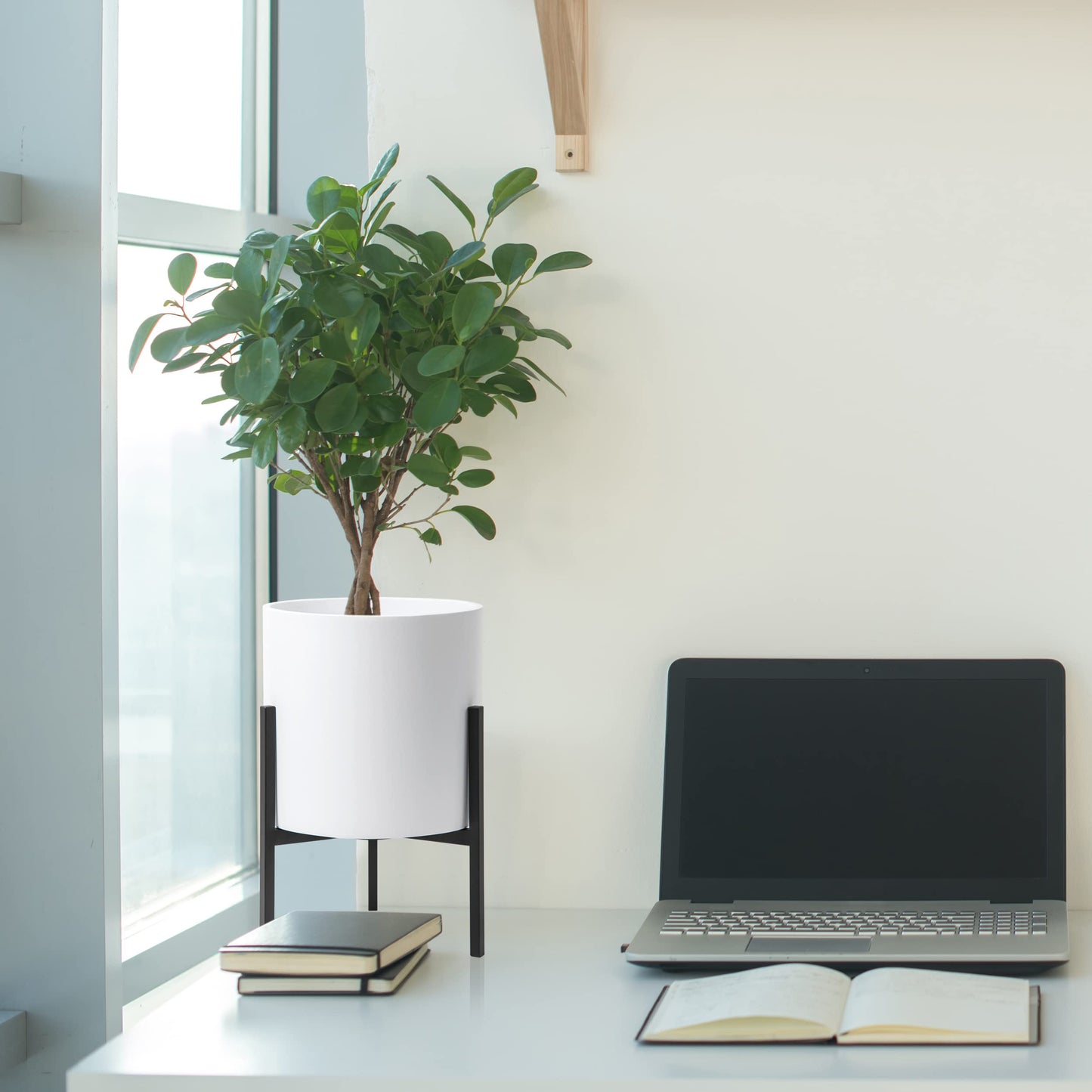 D'vine Dev Mid Century Fiberglass Resin Planter Pot with Iron Stand, 8 inch, Matte White, 96-A-1-S