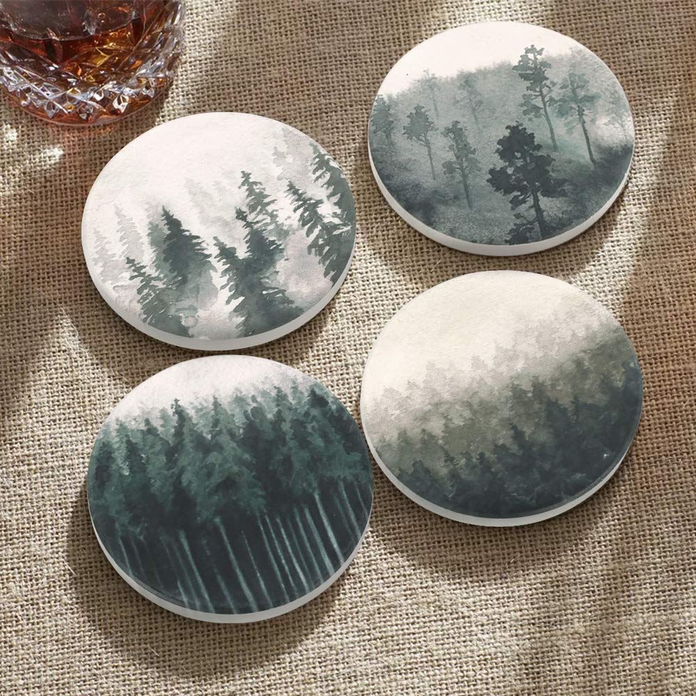 Lahome Forest Pattern Coasters - Round Drinks Absorbent Stone Coaster Set with Ceramic Stone and Cork Base for Kinds of Mugs and Cups (Forest, 4)