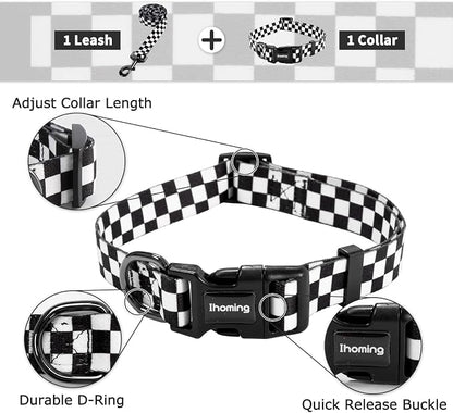 Ihoming Dog Collar and Leash Set for Daily Outdoor Walking Running Training, Chess Board Design for Large Boys Girls Dogs Cats Pets, L-Up to 80LBS
