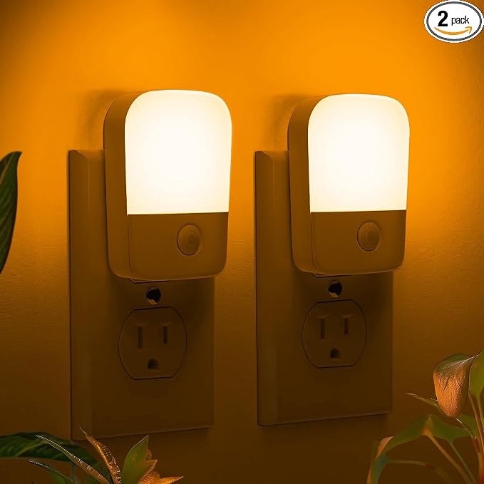 Amber Night Lights Plug into Wall, 2 Pack LED Bedroom Night Light with Dusk to Dawn Sensor, Brightness Adjustable, Plug in Night-Lights Suitable for Nursery, Kids Room, Bathroom