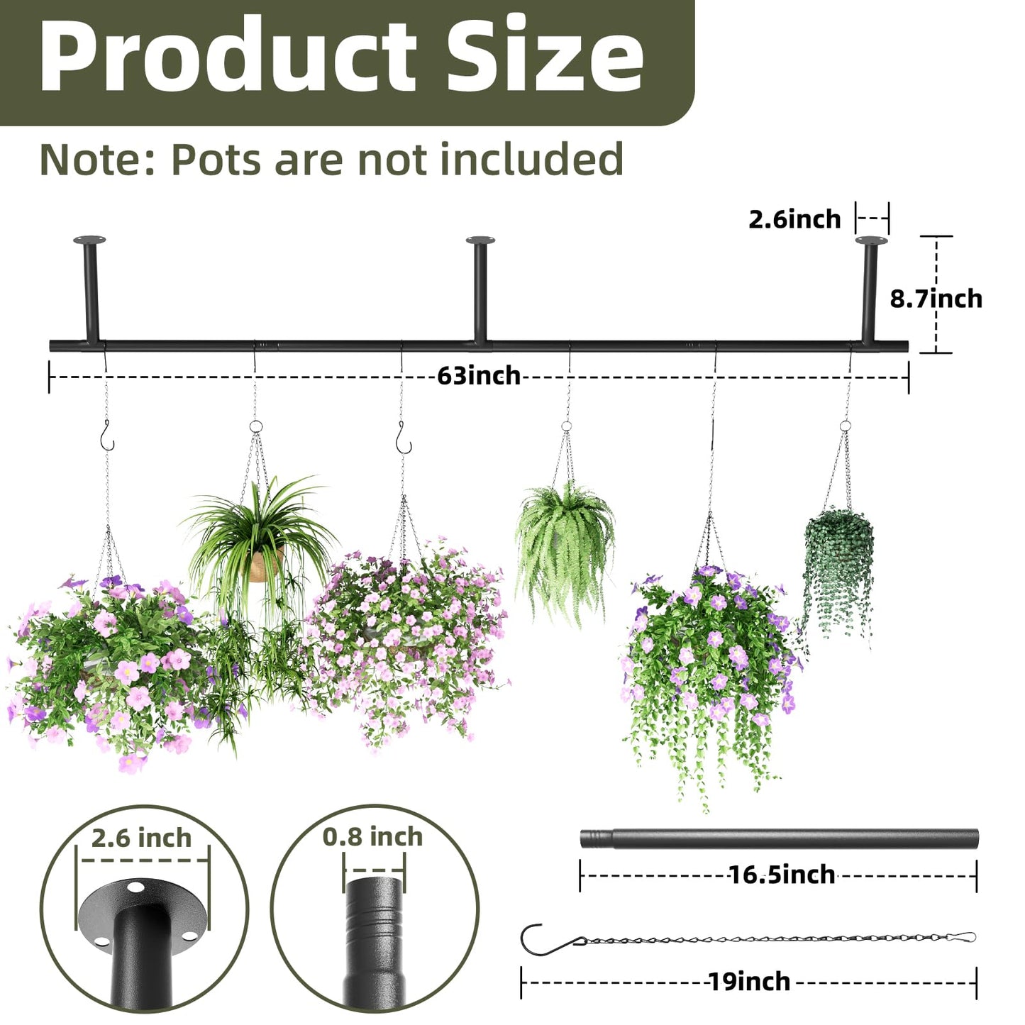 unlumm Plant Hanger Indoor 63 inch, Metal Planters Hanging Rod with 6 Hanging Chains & Hooks, Wall Plant Holder for Indoor Plants, Window, Ceiling, Black, Pots Not Included