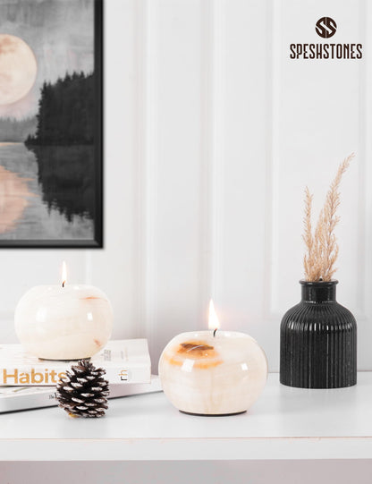 SPESHSTONES Marble Tealight Candle Holder 3.5 Inch Cream Onyx Stone Votive Candle Holders for Tables Centerpieces Decor - Small Candles Holders for Wedding Gifts