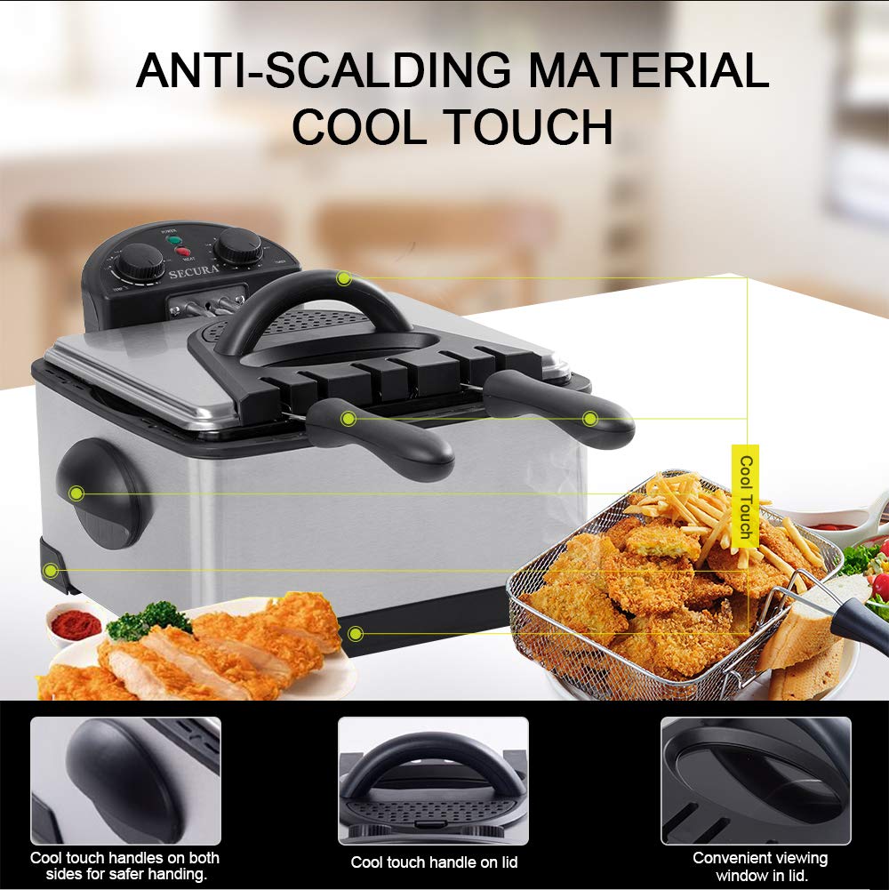 Secura 1700-Watt Stainless-Steel Triple Basket Electric Deep Fryer with Timer Free Extra Odor Filter, 4L/17-Cup, Red